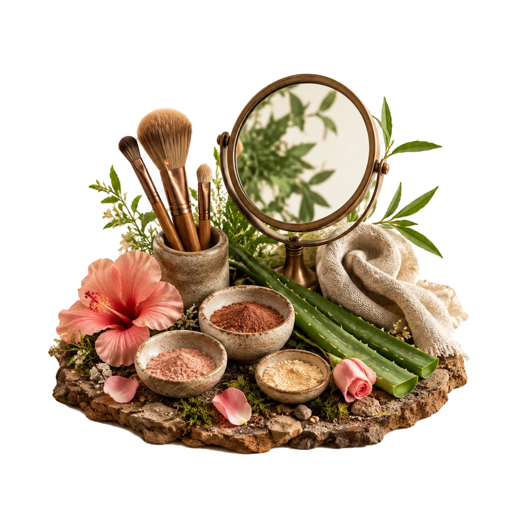 Natural cosmetics, beauty tools, flowers and botanical ingredients