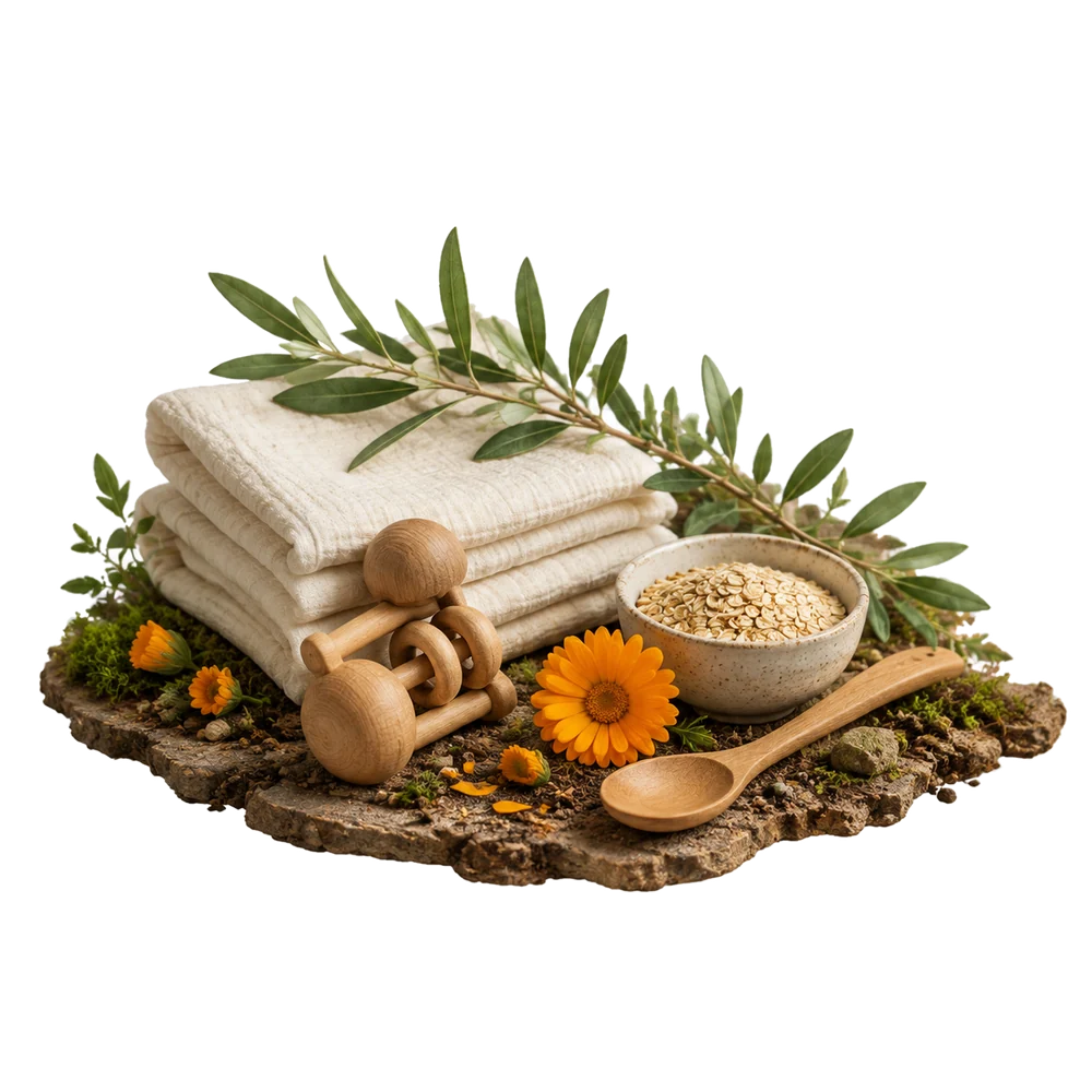 Natural mother and baby care essentials arranged with botanicals