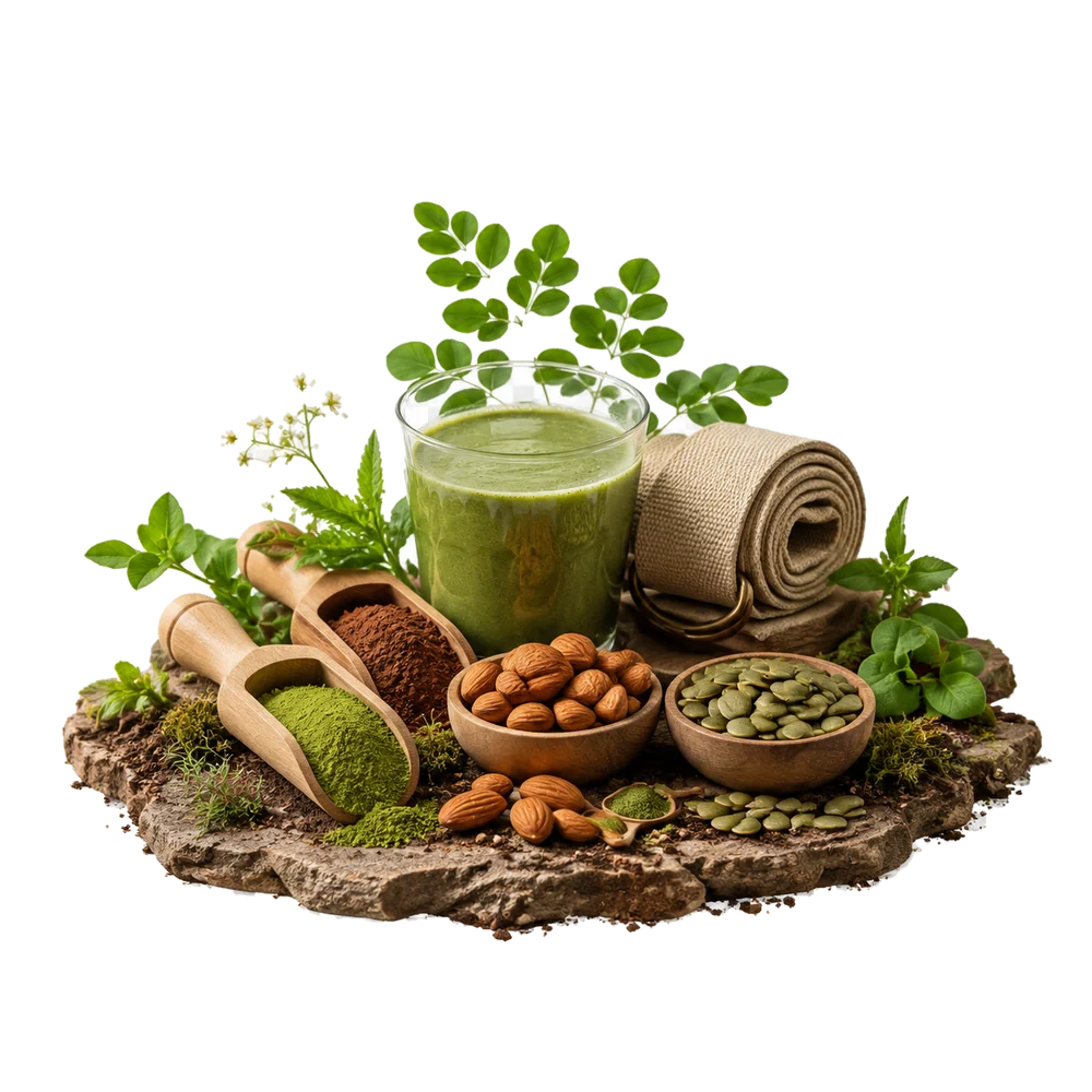 Green wellness drink, herbal powders, seeds and fitness accessories