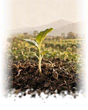 A young seedling breaking through living soil on a working field