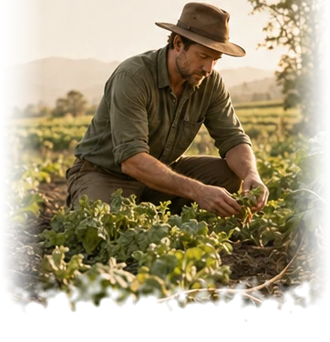 A grower kneeling in a field, tending plants by hand