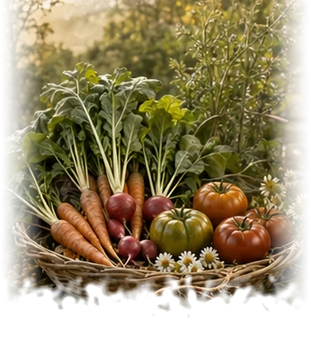 A woven basket filled with just-picked carrots, radishes and tomatoes