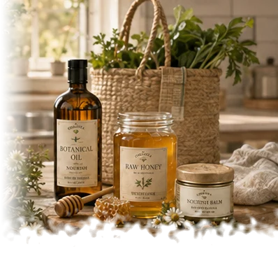 Oil, honey and balm on a kitchen counter beside a market bag